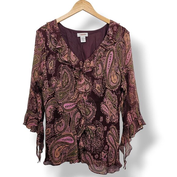 Avenue Tops - Vintage Y2K Avenue Silk Top Sheer Ruffles Flared Sleeves Jewel Tone Fairy Whimsy